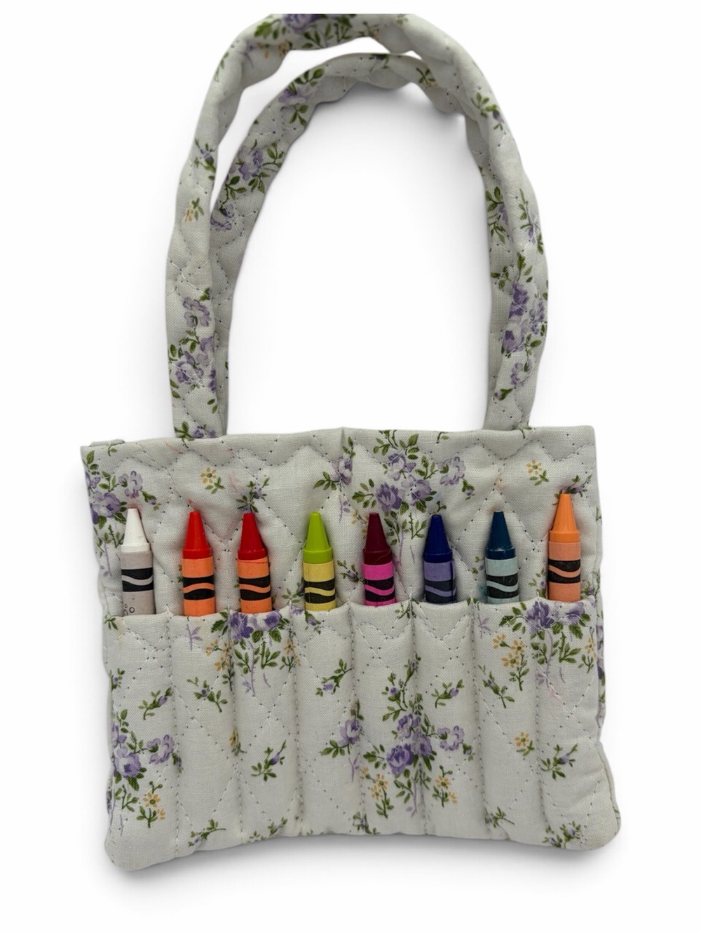 Kids Floral Quilted Crayon Tote Bag - White with purple flowers.